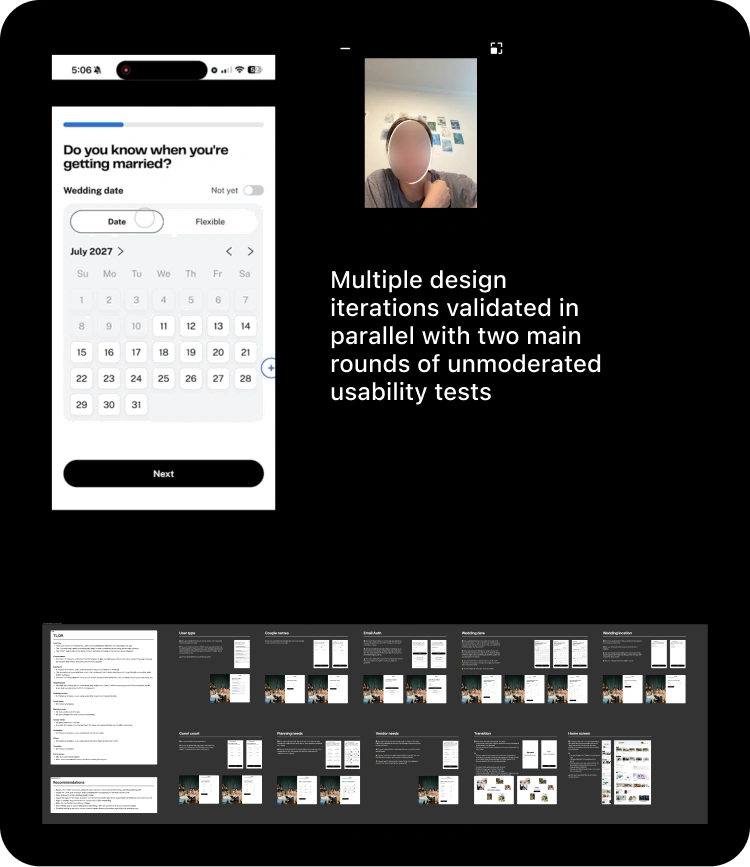 A dark research board summarising usability-testing findings and recommendations, with before/after phone screens and participant photos grouped by topic: user type, couple names, email auth, wedding date, wedding location, guest count, planning needs, vendor needs, transitions, and the home screen.